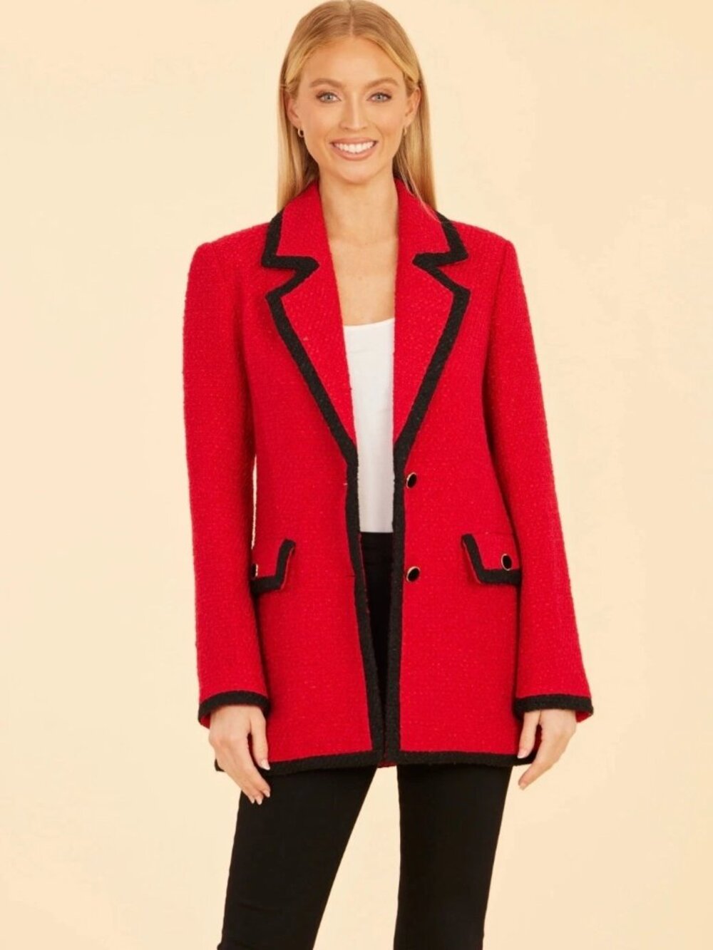 DOLCE CABO Long Tweed Red Black Trim Blazer Size XS